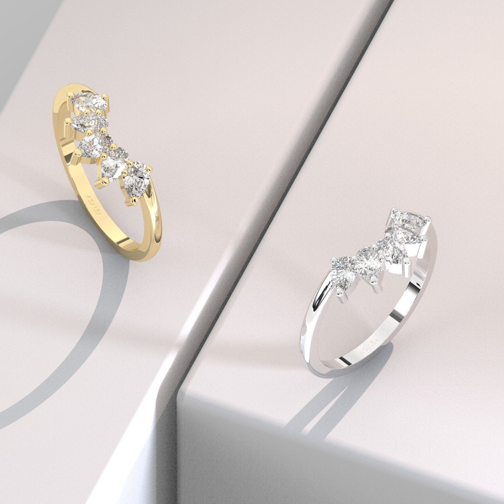 Curved Diamond Wedding Band / 14k Gold Pear Diamond Wedding Band / Curved Stacking Ring / Diamond Stacking Ring
