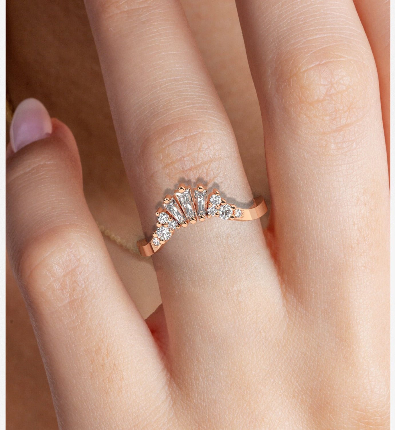 Curved Diamond Wedding Band / 14k Gold Curved Baguette Ring / Diamond Wedding Band / Stacking Ring / Anniversary Ring / Engagement Ring