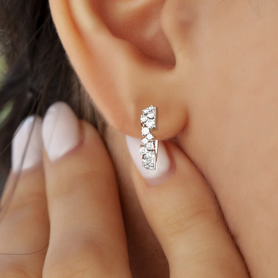 Diamond Cluster Hoop Earrings / 14k Gold and Diamond Huggie Earrings / Dainty Diamond Huggies / Unique Diamond Huggies