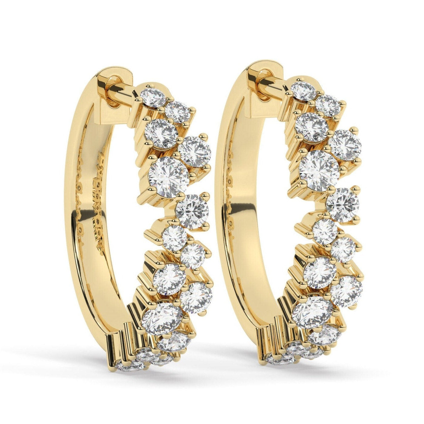 Diamond Cluster Hoop Earrings / 14k Gold and Diamond Huggie Earrings / Dainty Diamond Huggies / Unique Diamond Huggies
