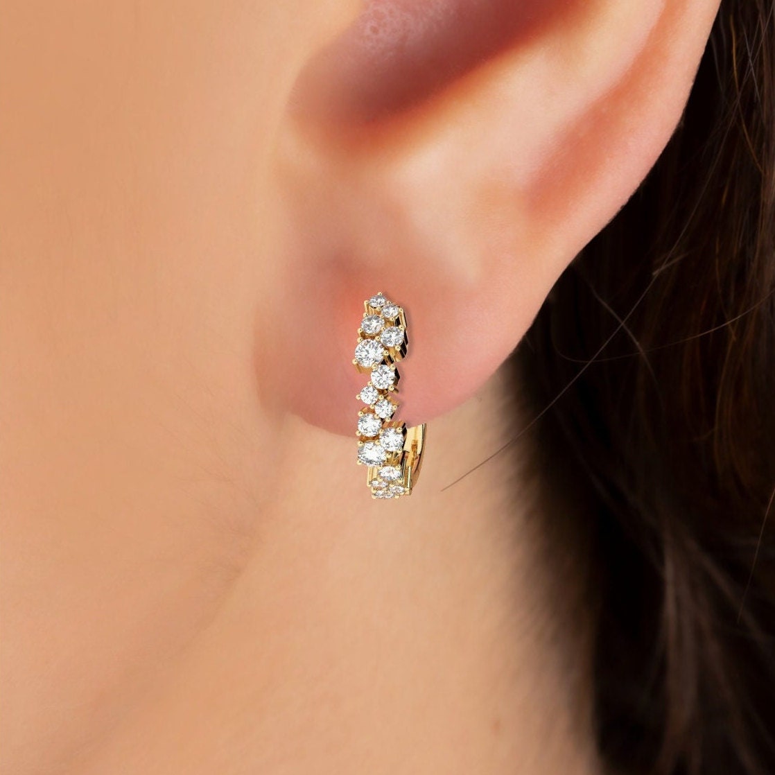 Diamond Cluster Hoop Earrings / 14k Gold and Diamond Huggie Earrings / Dainty Diamond Huggies / Unique Diamond Huggies