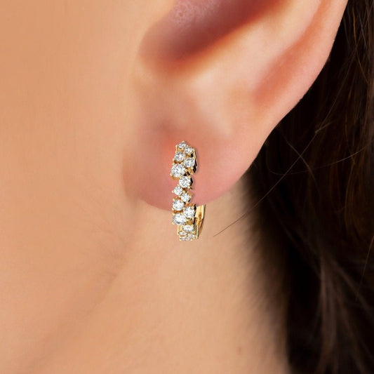 Diamond Cluster Hoop Earrings / 14k Gold and Diamond Huggie Earrings / Dainty Diamond Huggies / Unique Diamond Huggies