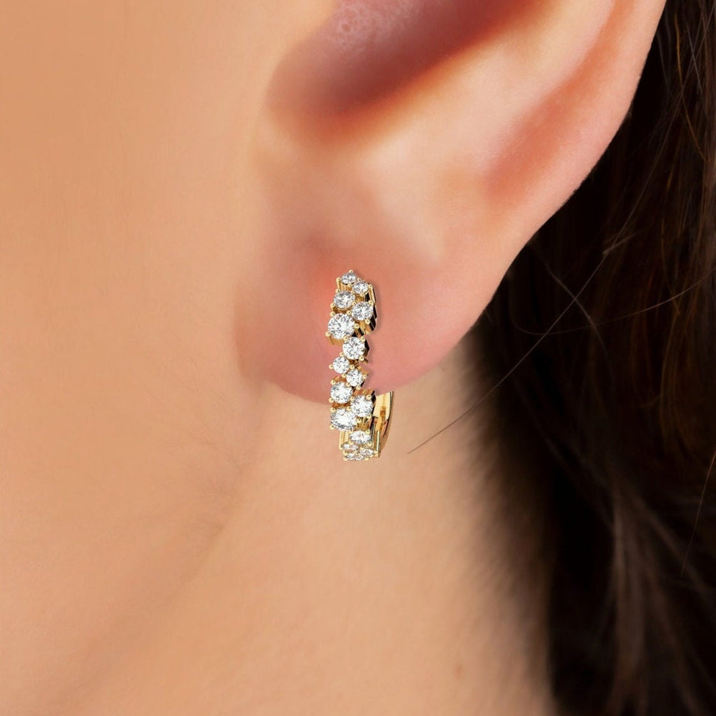 Diamond Cluster Hoop Earrings / 14k Gold and Diamond Huggie Earrings / Dainty Diamond Huggies / Unique Diamond Huggies