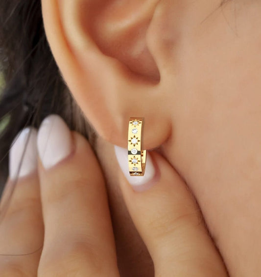 14k Gold Starbust Diamond Hoop Earrings / Diamond Star Engraved Huggie Earrings/ Dainty Huggies / Minimalistic Hoop Earrings
