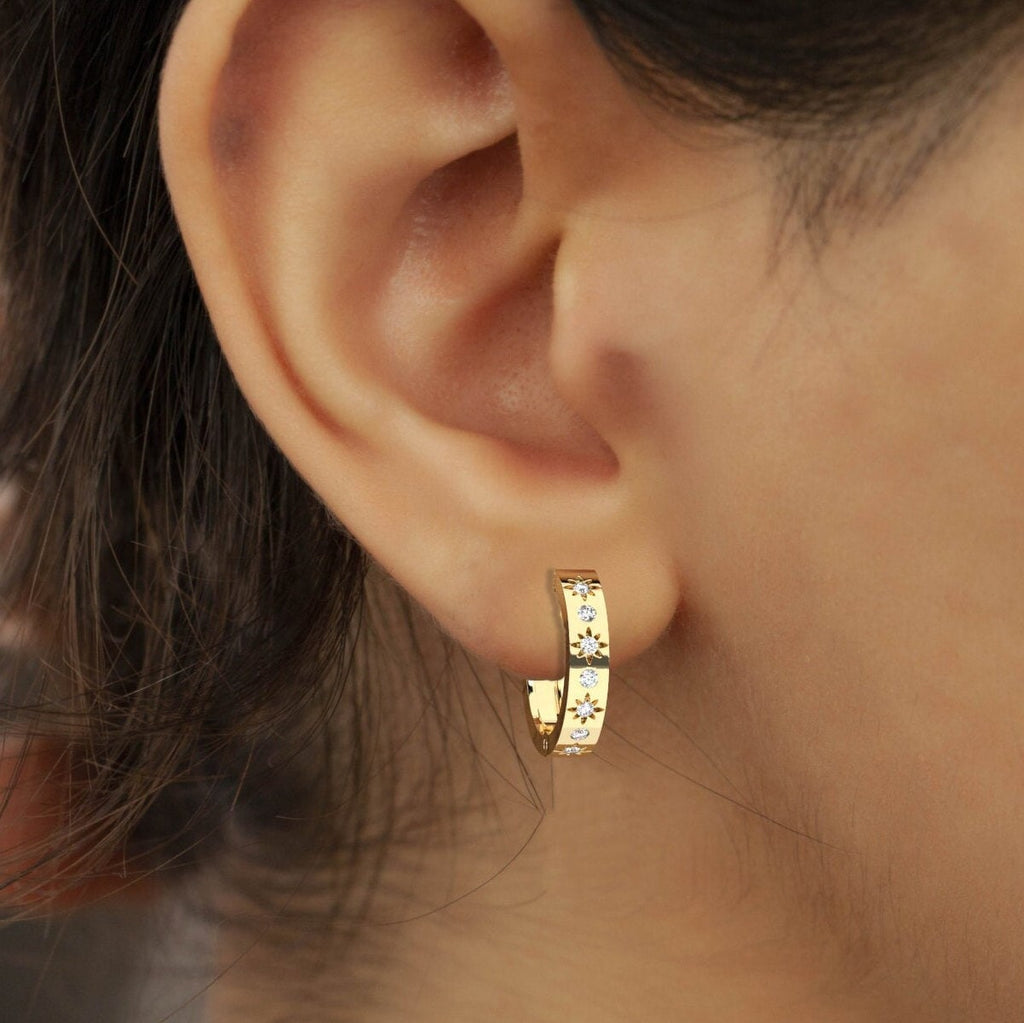 14k Gold Starbust Diamond Hoop Earrings / Diamond Star Engraved Huggie Earrings/ Dainty Huggies / Minimalistic Hoop Earrings