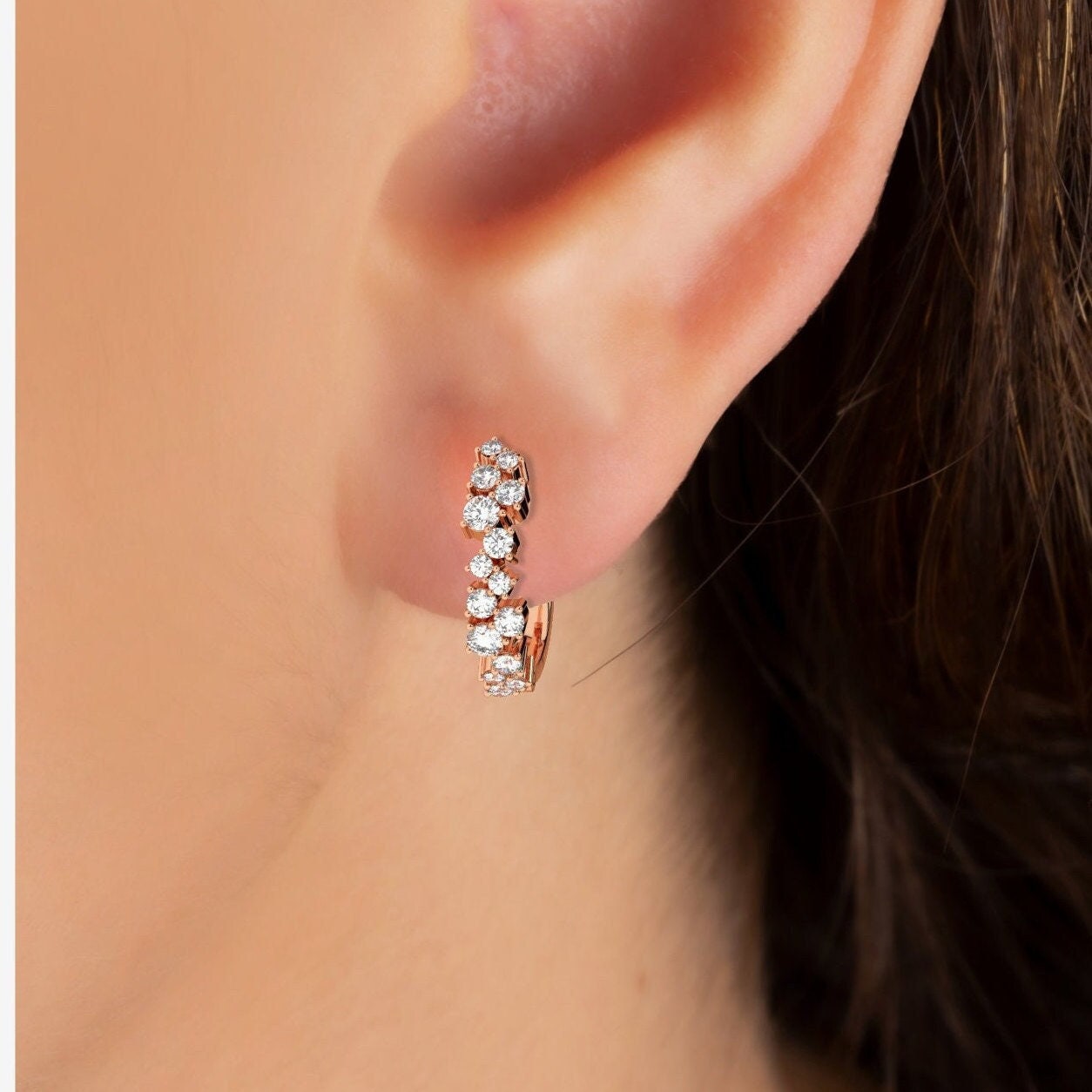 Diamond Cluster Hoop Earrings / 14k Gold and Diamond Huggie Earrings / Dainty Diamond Huggies / Unique Diamond Huggies
