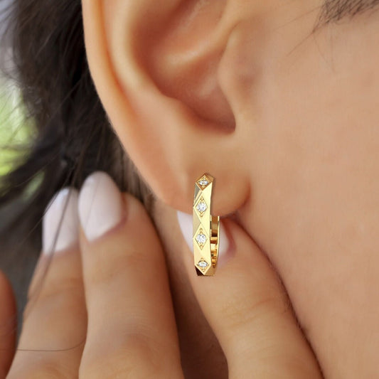 Diamond Huggie Earrings / 14k Gold Hoop Earrings / Anniversary Birthday Graduation Bridal Wedding Gift / Mothers day gift idea for her