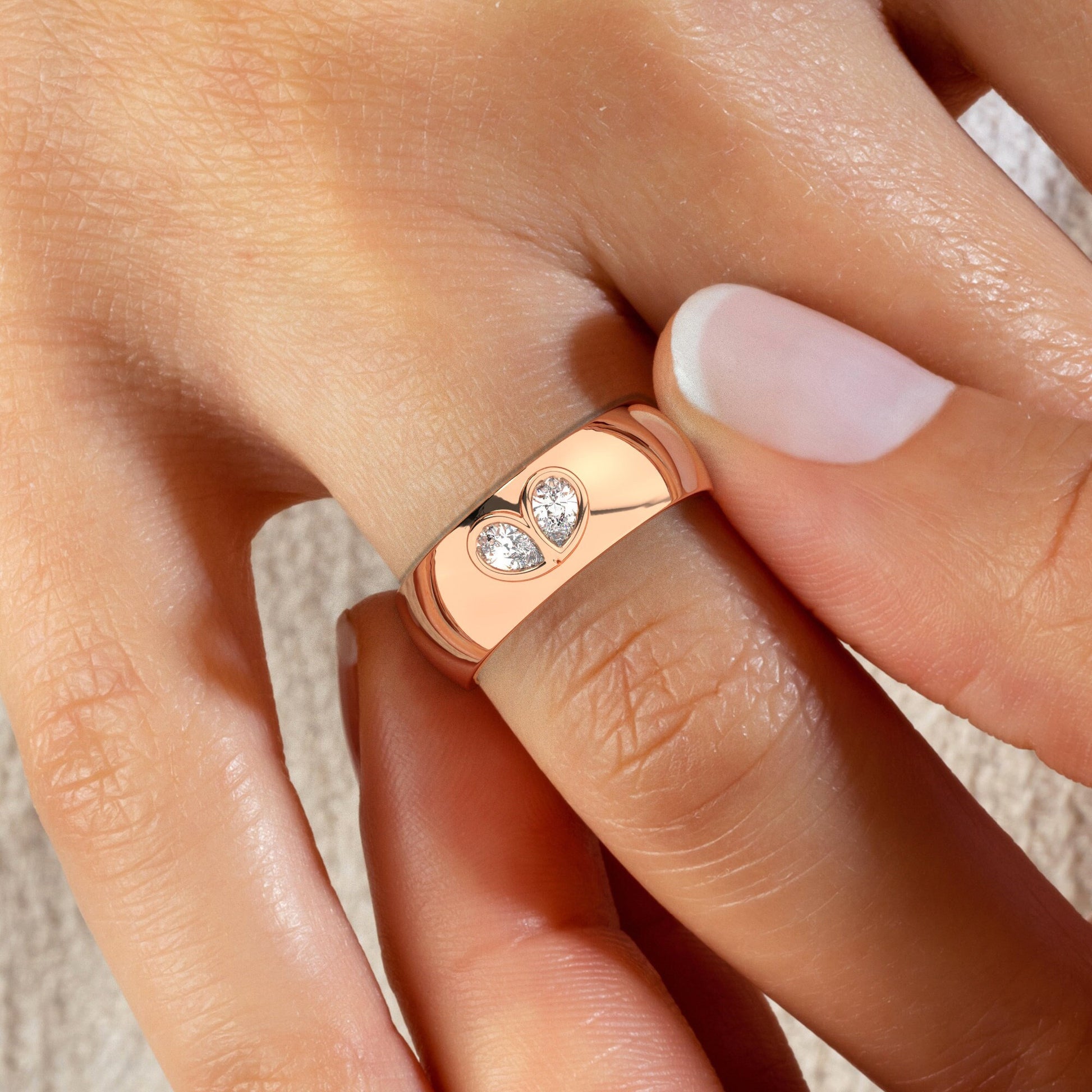 Double Pear Diamond Wide Band / Stacking Ring / 14k Wedding Band / Teardrop Engagement Ring / Unique Thick Band / Fine Jewelry for Women