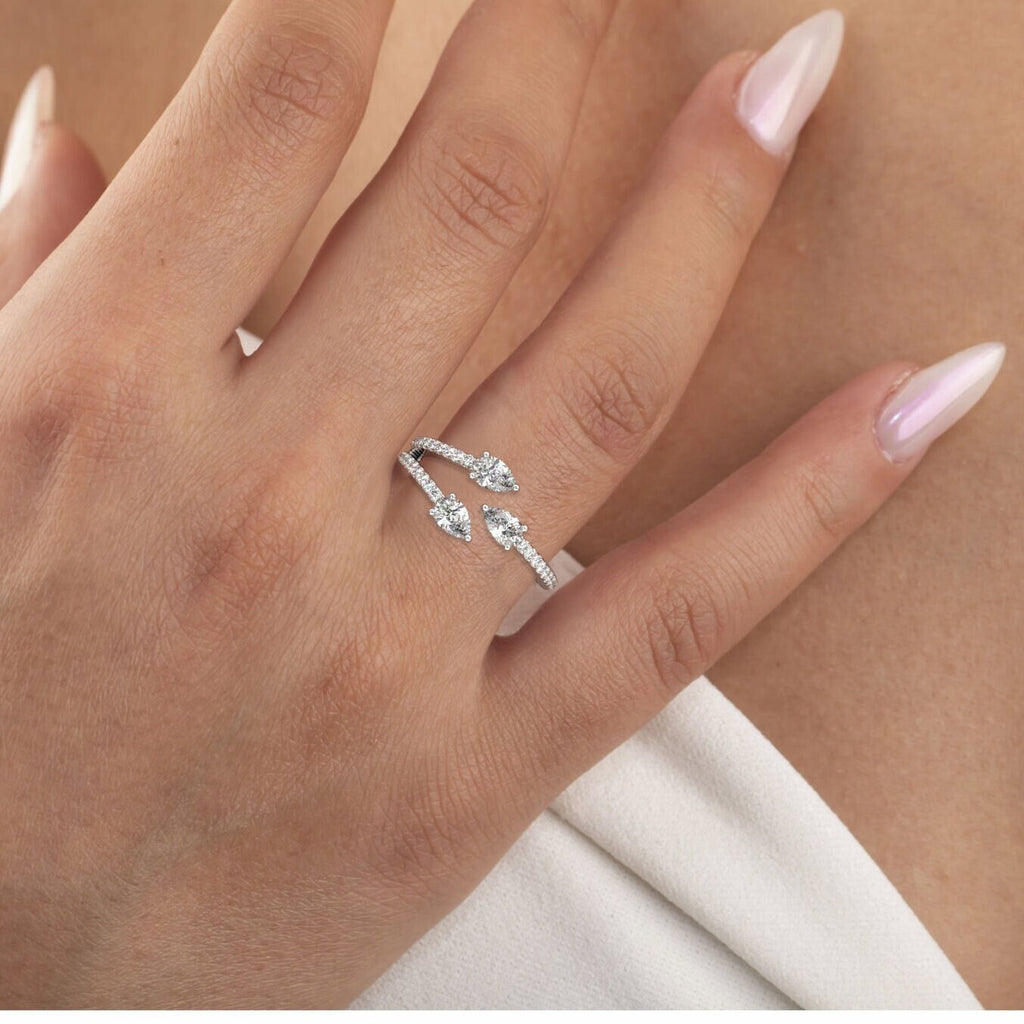 Triple Pear Diamond Cuff Ring / 14k Gold Diamond Statement Ring / Diamond Anniversary Ring / Birthday Wedding