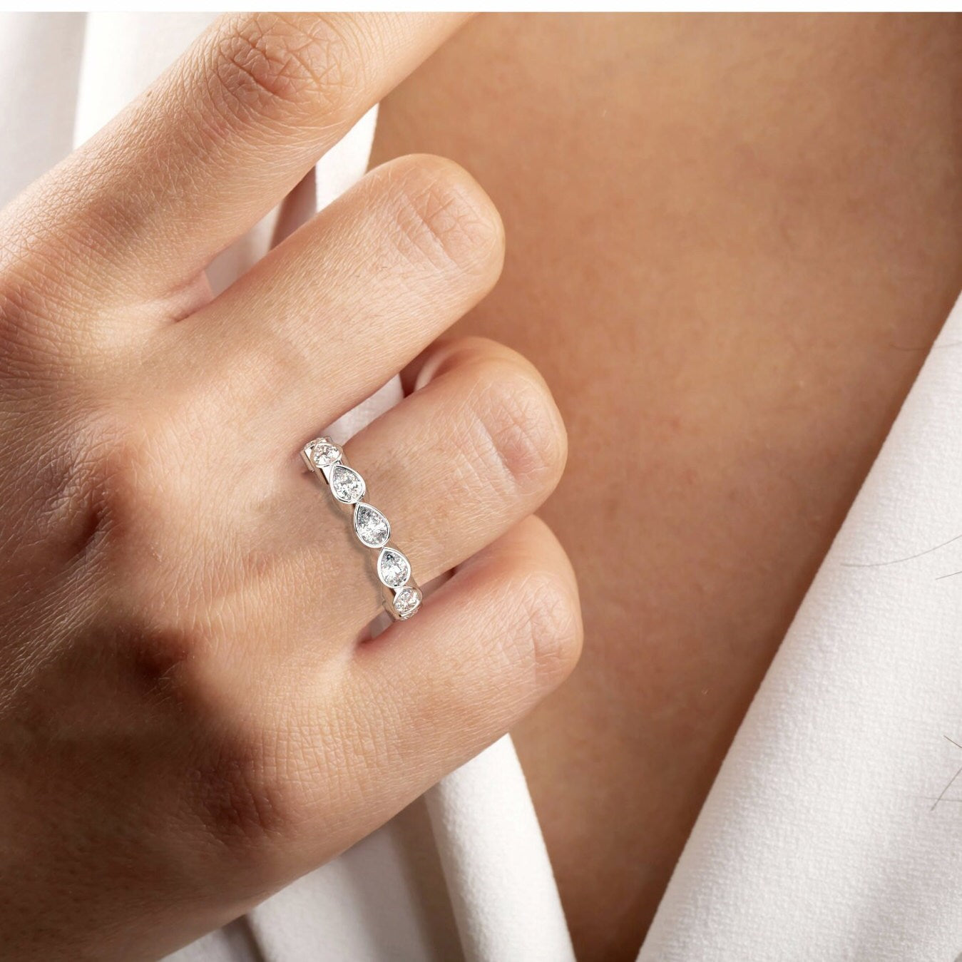 1.4 - 2.4 CT Pear Diamond Wedding Band / 14k Gold Bezel Set Full Eternity Diamond Wedding Ring / Diamond Anniversary Ring / Wedding Gift