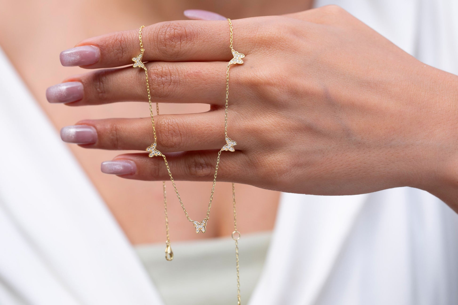 Diamond Butterfly Station Necklace / 14k Gold Butterfly Station Necklace / Dainty Charm Necklace / Minimalistic Station Necklace
