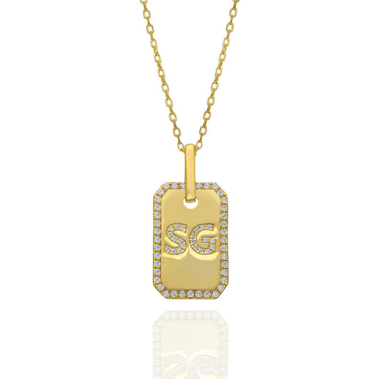 Diamond Initial Dog Tag Necklace / 14k Gold Diamond Dog Tag Necklace / Diamond Initial Necklace / Diamond Birthday Gift Idea