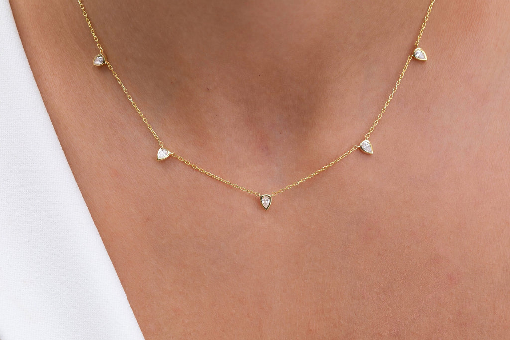 Diamond Tear Drop Station Necklace / 14k Gold Pear Diamond Station Necklace / Dainty Diamond Necklace / Layering Necklace