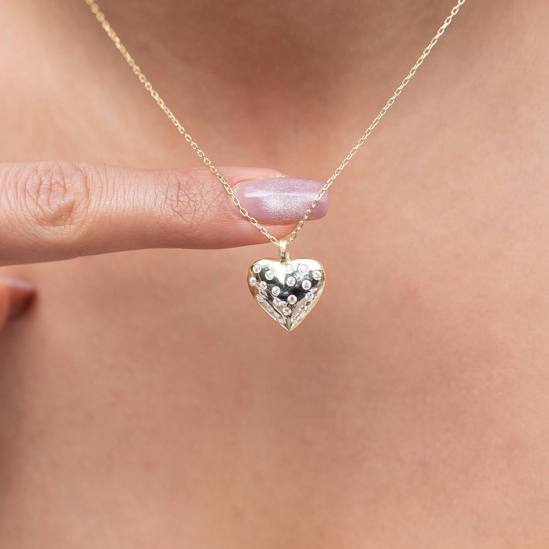 Diamond Heart Necklace / 14k Gold Puffy Heart Necklace / Dainty Heart Necklace Birthday Gift / Graduation Gift / Anniversary Gift