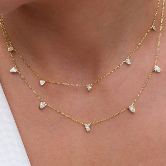 Diamond Tear Drop Station Necklace / 14k Gold Pear Diamond Station Necklace / Dainty Diamond Necklace / Layering Necklace