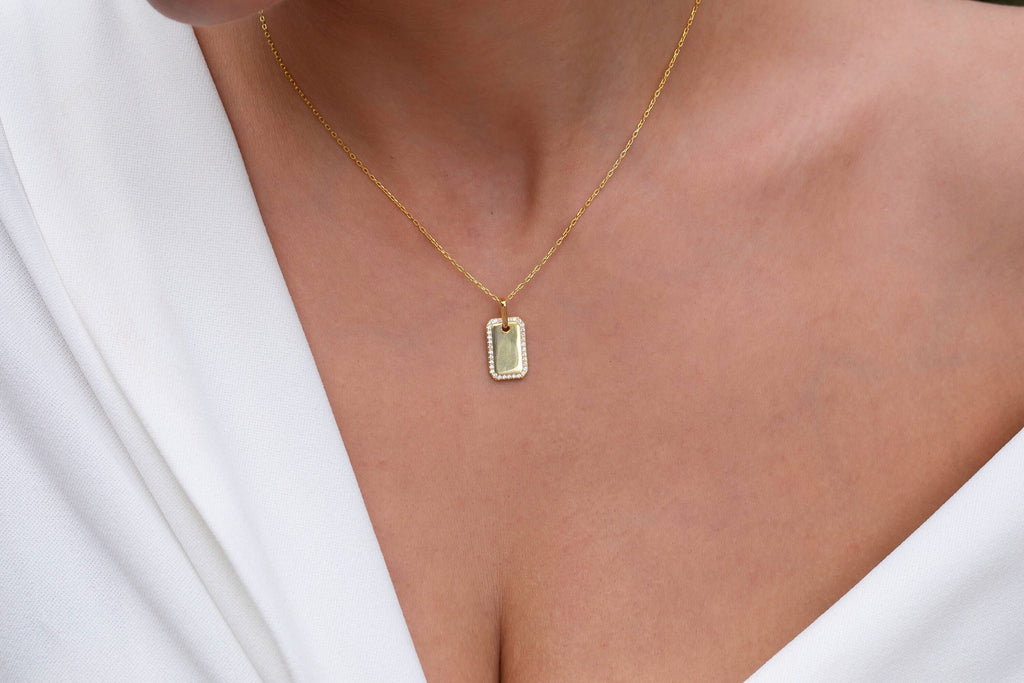 Diamond Initial Dog Tag Necklace / 14k Gold Diamond Dog Tag Necklace / Diamond Initial Necklace / Diamond Birthday Gift Idea