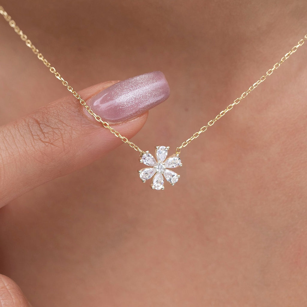 Diamond Flower Necklace | Flower Petal Necklace | Pear Round Diamond Necklace | Flower Pendant | Gift for Women | Bridesmaid Gift