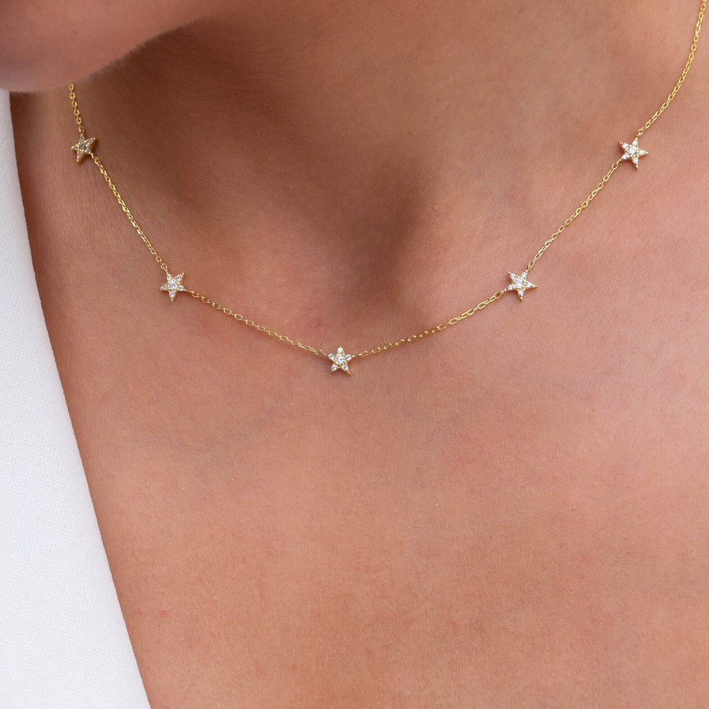 Diamond Star Station Necklace / 14k Gold Star Station Necklace / Dainty Charm Necklace / Minimalistic Station Necklace