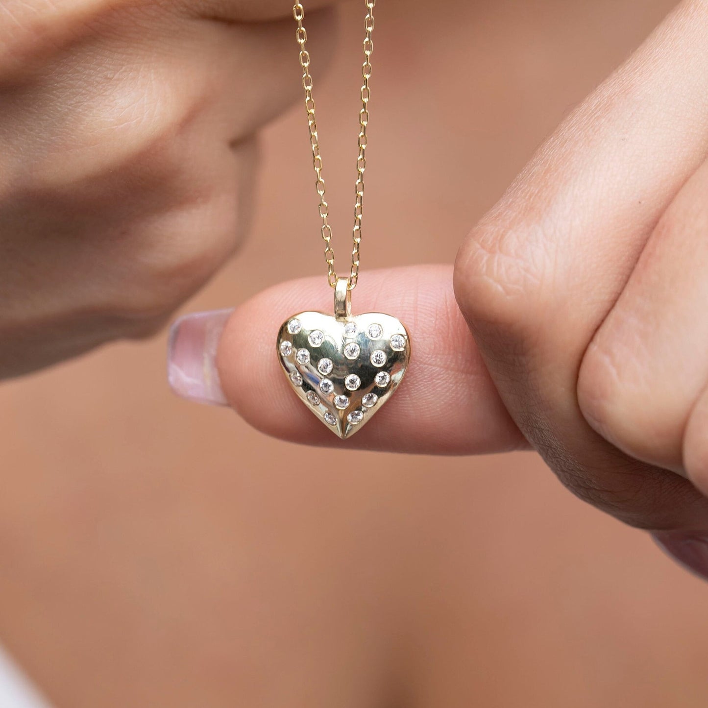 Diamond Heart Necklace / 14k Gold Puffy Heart Necklace / Dainty Heart Necklace Birthday Gift / Graduation Gift / Anniversary Gift