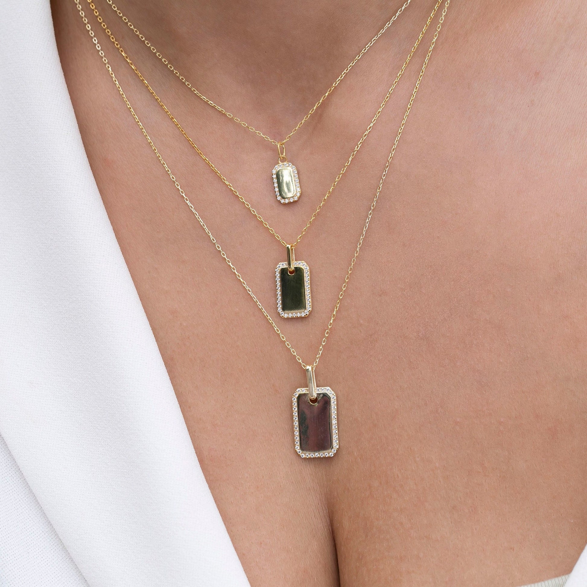 Diamond Dog tag Necklace / 14k Gold Diamond Border Dog Tag Necklace / Engravable Dog Tag Necklace / Graduation Gift / Anniversary Gift