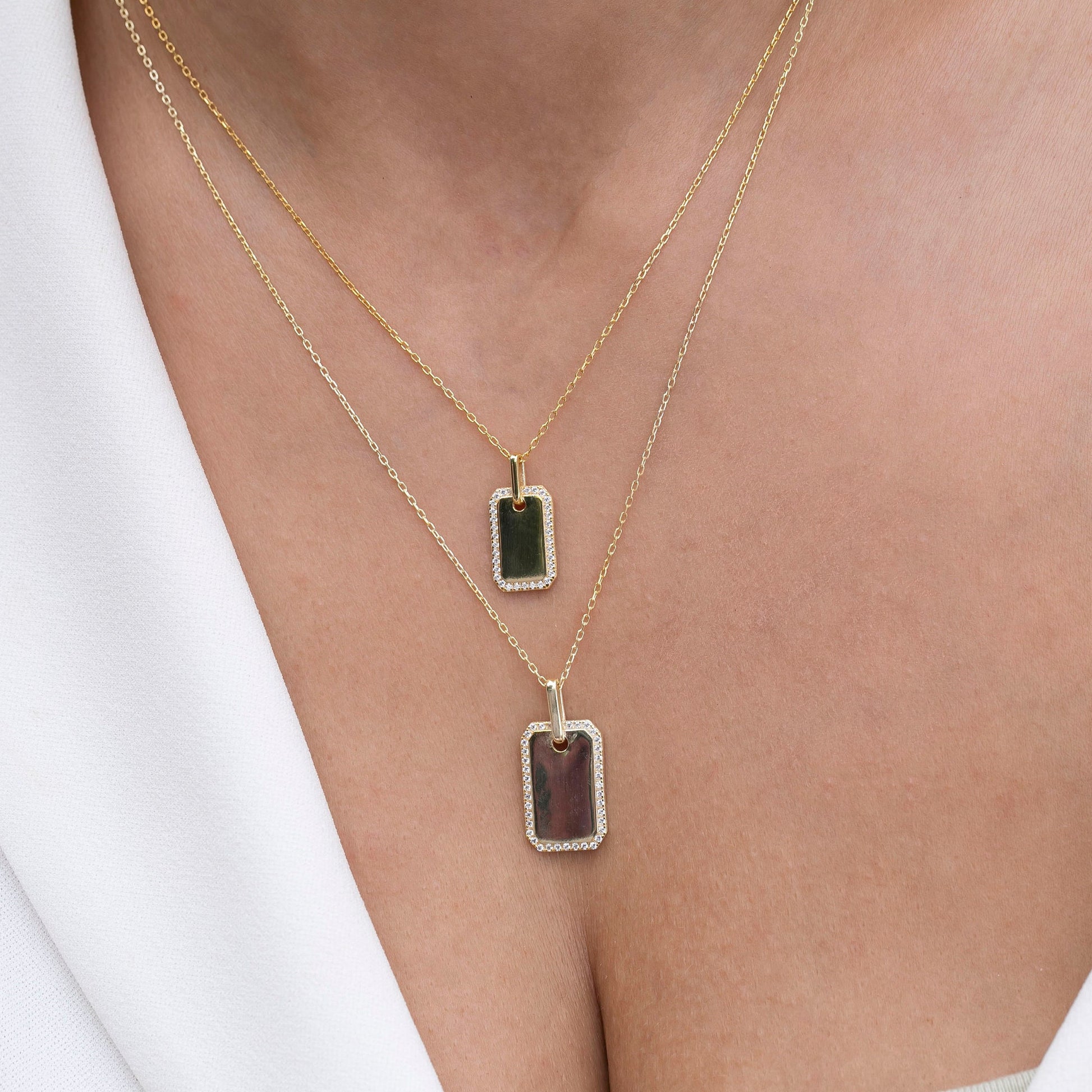 Diamond Dog tag Necklace / 14k Gold Diamond Border Dog Tag Necklace / Engravable Dog Tag Necklace / Graduation Gift / Anniversary Gift