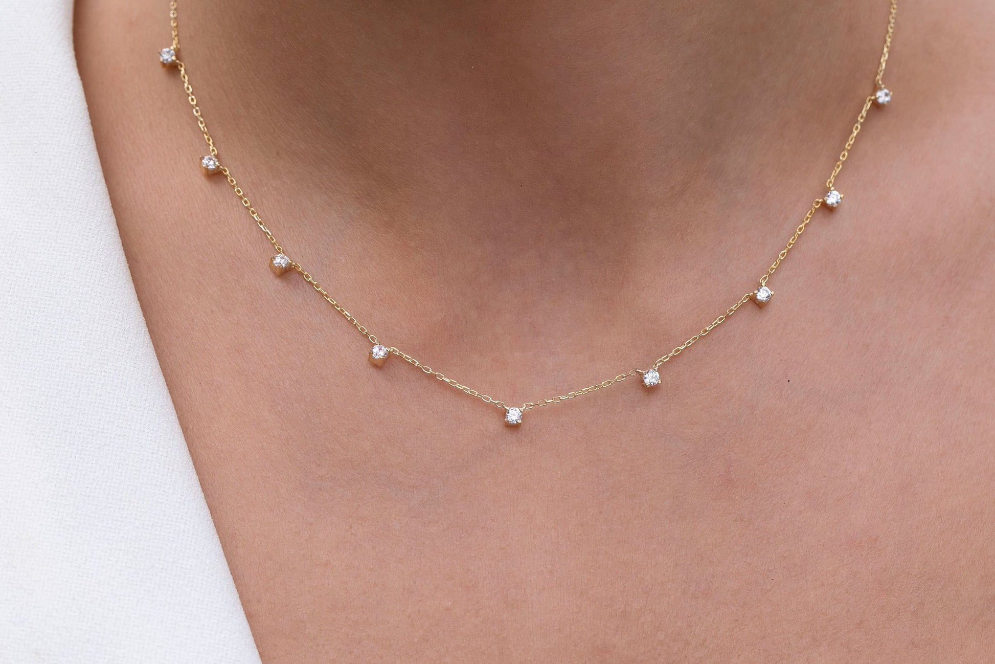 Diamond Station Necklace / 14k Gold Diamond Station Necklace / Dainty Diamond Necklace / Diamond Station Necklace / Layering Necklace