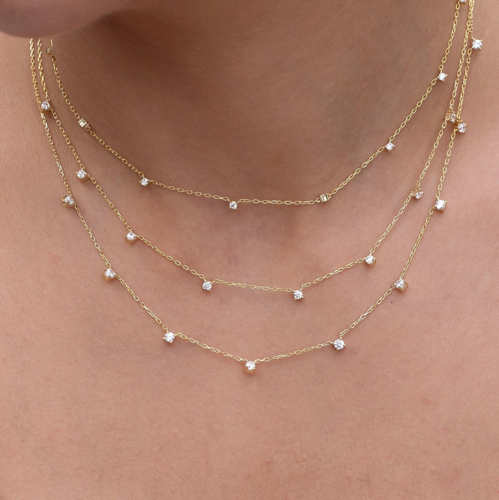 Diamond Station Necklace / 14k Gold Diamond Station Necklace / Dainty Diamond Necklace / Diamond Station Necklace / Layering Necklace