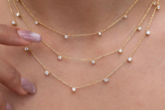 Diamond Station Necklace / 14k Gold Diamond Station Necklace / Dainty Diamond Necklace / Diamond Station Necklace / Layering Necklace
