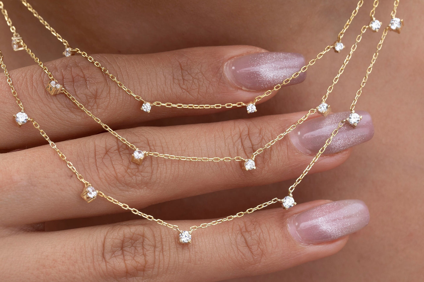 Diamond Station Necklace / 14k Gold Diamond Station Necklace / Dainty Diamond Necklace / Diamond Station Necklace / Layering Necklace