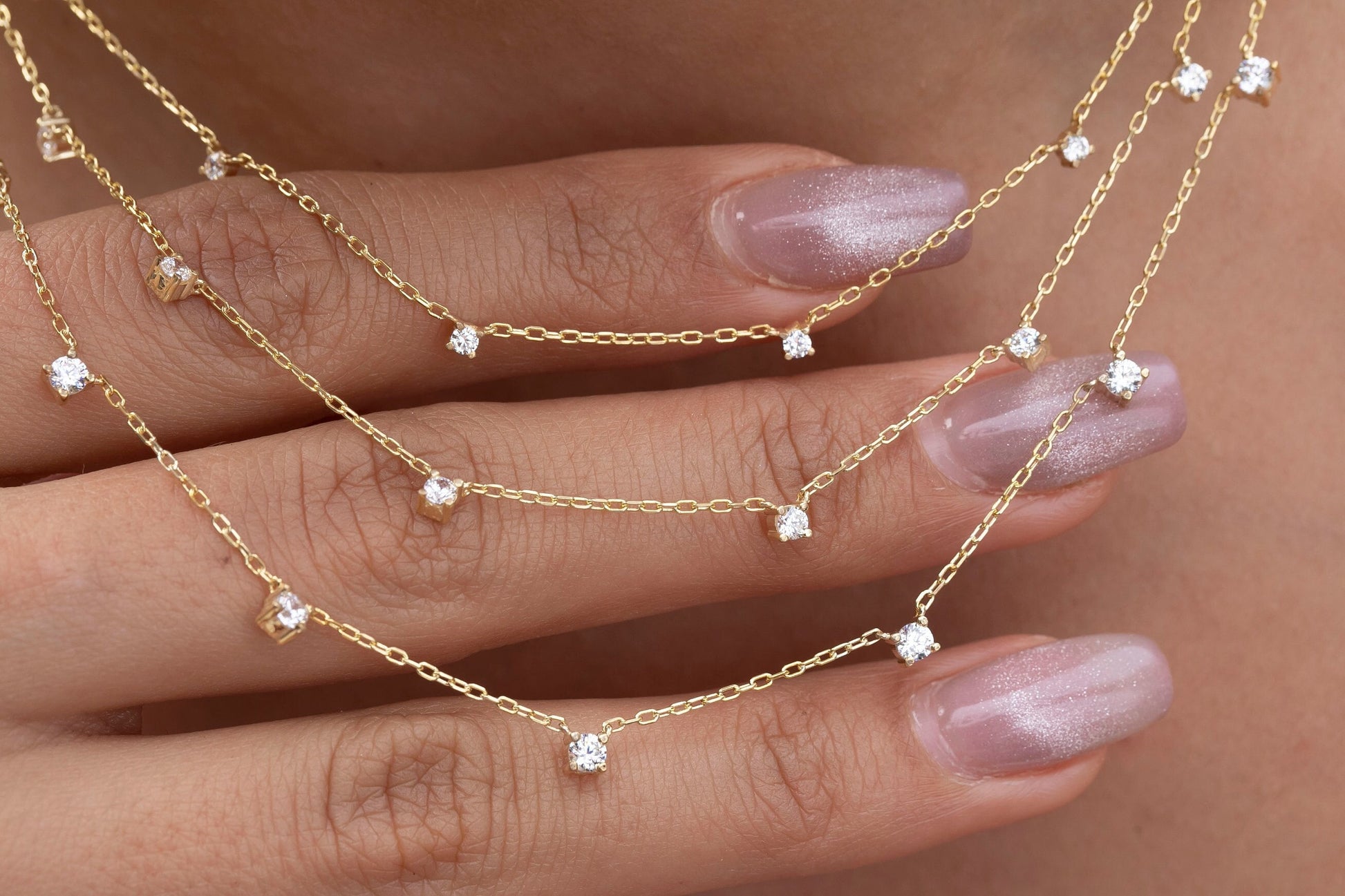 Diamond Station Necklace / 14k Gold Diamond Station Necklace / Dainty Diamond Necklace / Diamond Station Necklace / Layering Necklace