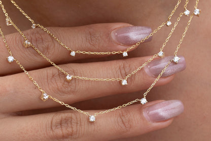 Diamond Station Necklace / 14k Gold Diamond Station Necklace / Dainty Diamond Necklace / Diamond Station Necklace / Layering Necklace