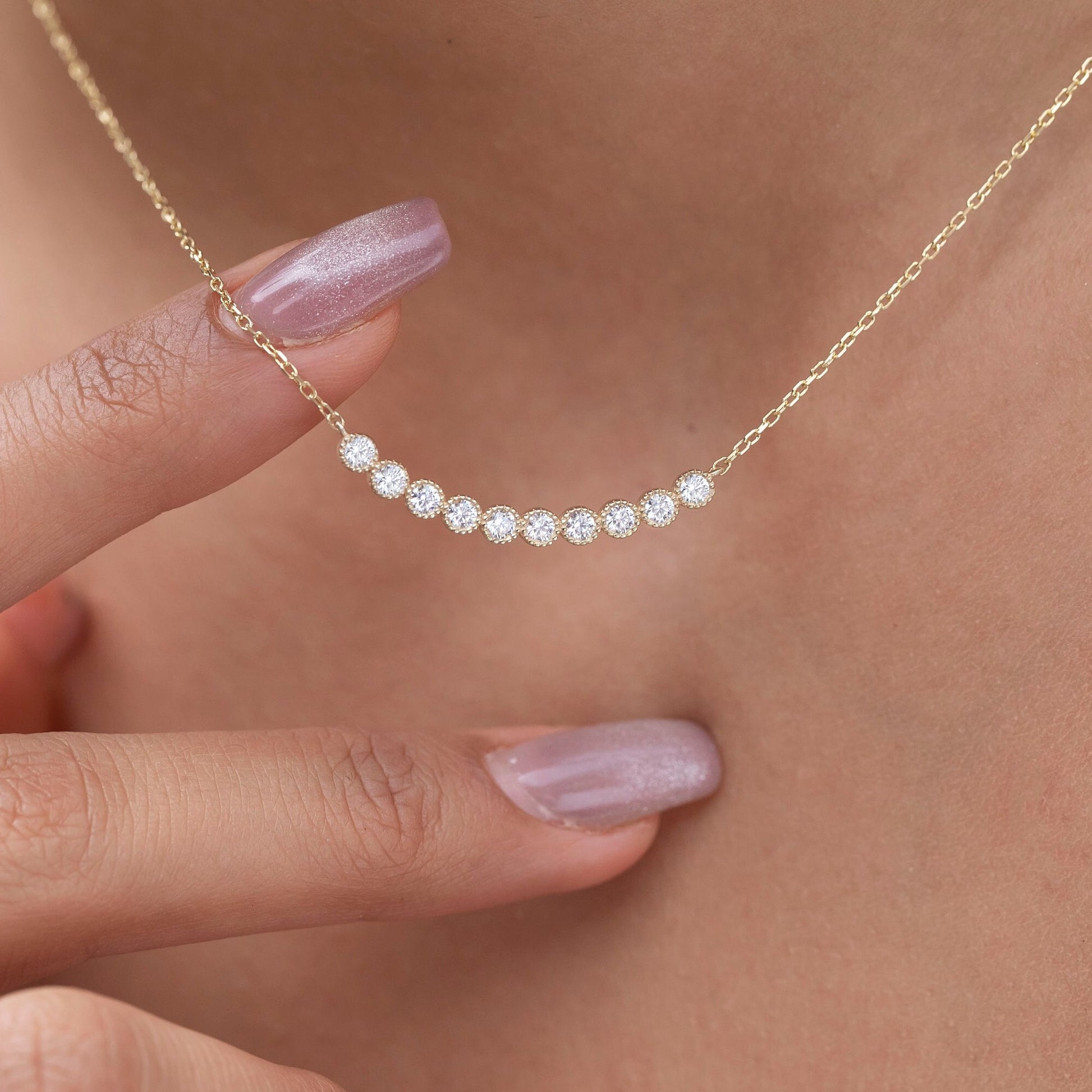 Diamond Curved Bar Necklace / Minimalist Curved Bar Necklace / Half Carat 14K Gold and Diamond Dainty Bar Necklace / Diamond Birthday Gift