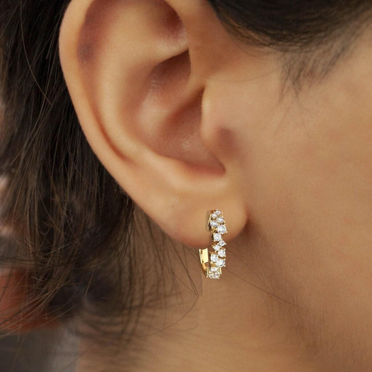 Diamond Cluster Hoop Earrings / 14k Gold and Diamond Huggie Earrings / Dainty Diamond Huggies / Unique Diamond Huggies