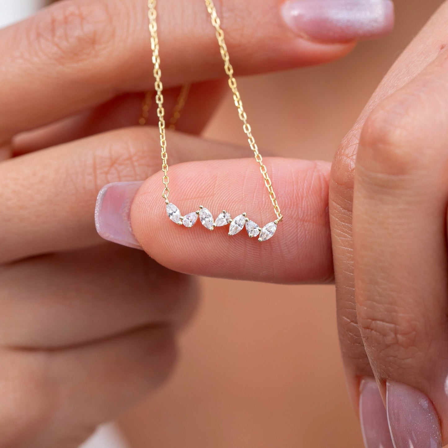 Diamond Bar Necklace / 14k Gold Alternating Marquise and Pear Shape Diamond Bar Necklace / Dainty Diamond Necklace