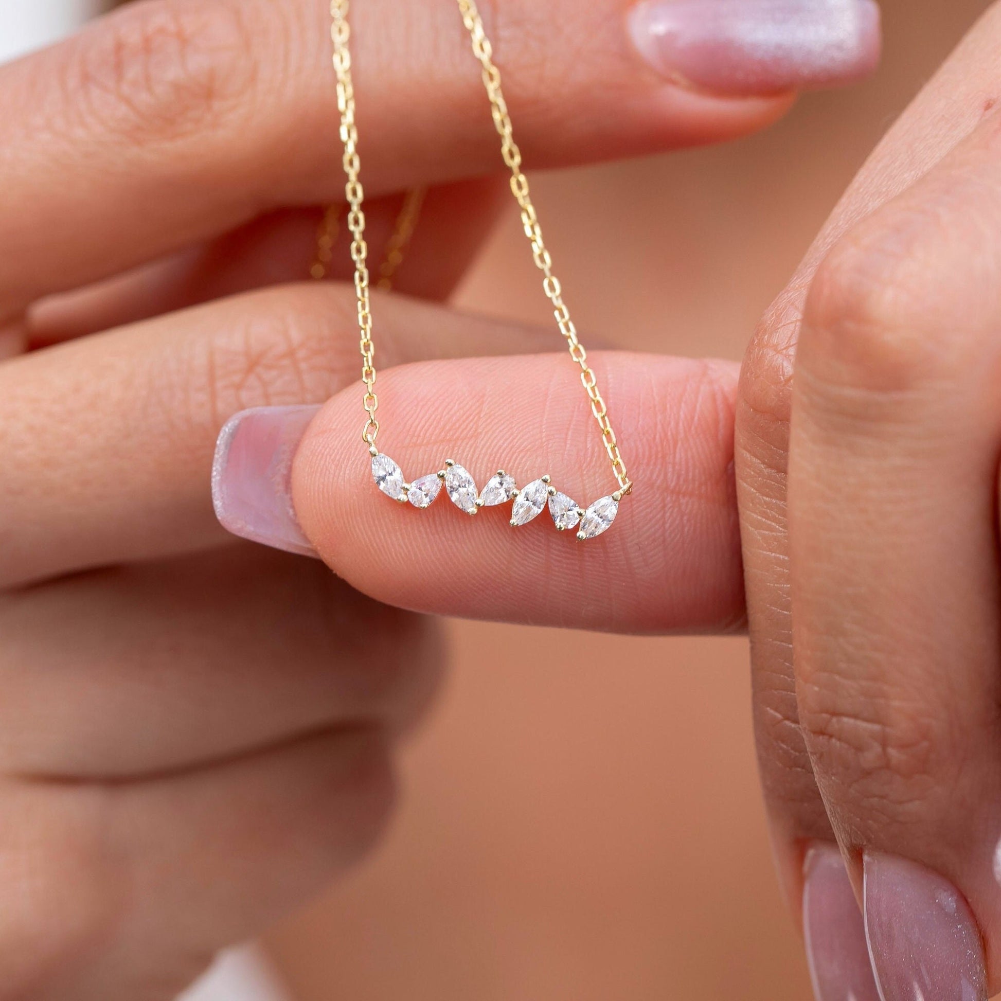 Diamond Bar Necklace / 14k Gold Alternating Marquise and Pear Shape Diamond Bar Necklace / Dainty Diamond Necklace