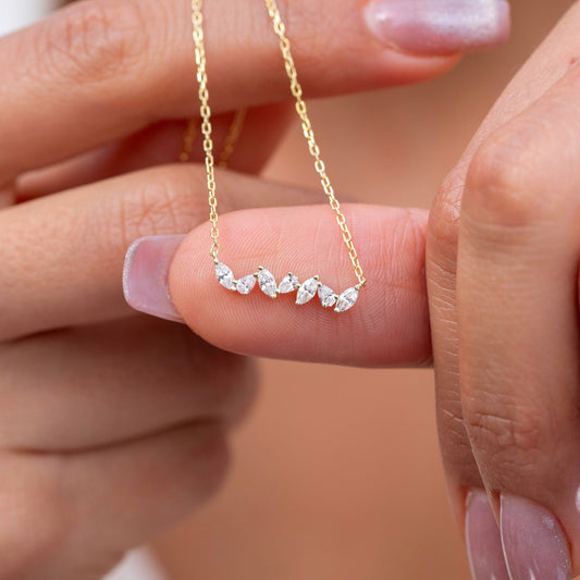 Diamond Bar Necklace / 14k Gold Alternating Marquise and Pear Shape Diamond Bar Necklace / Dainty Diamond Necklace
