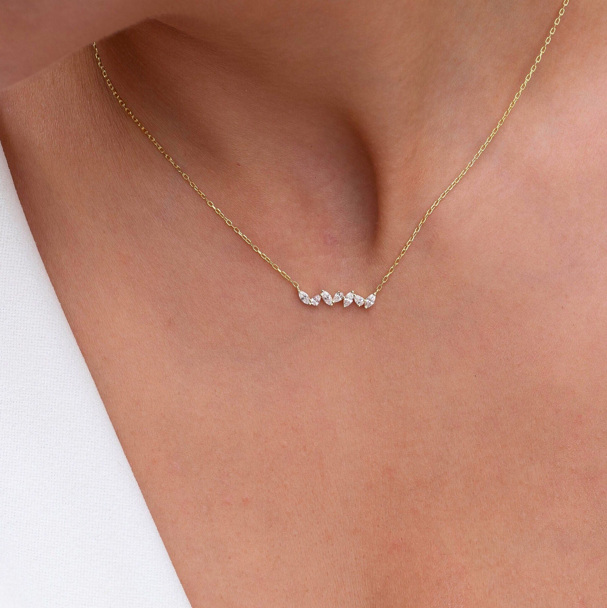 Diamond Bar Necklace / 14k Gold Alternating Marquise and Pear Shape Diamond Bar Necklace / Dainty Diamond Necklace