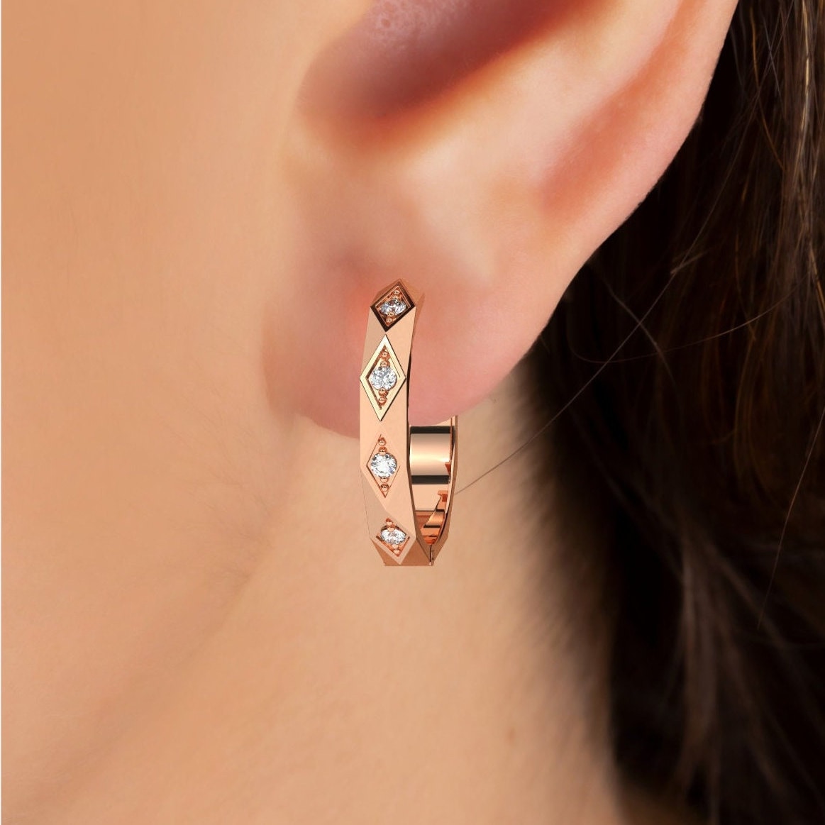 Diamond Huggie Earrings / 14k Gold Hoop Earrings / Anniversary Birthday Graduation Bridal Wedding Gift / Mothers day gift idea for her
