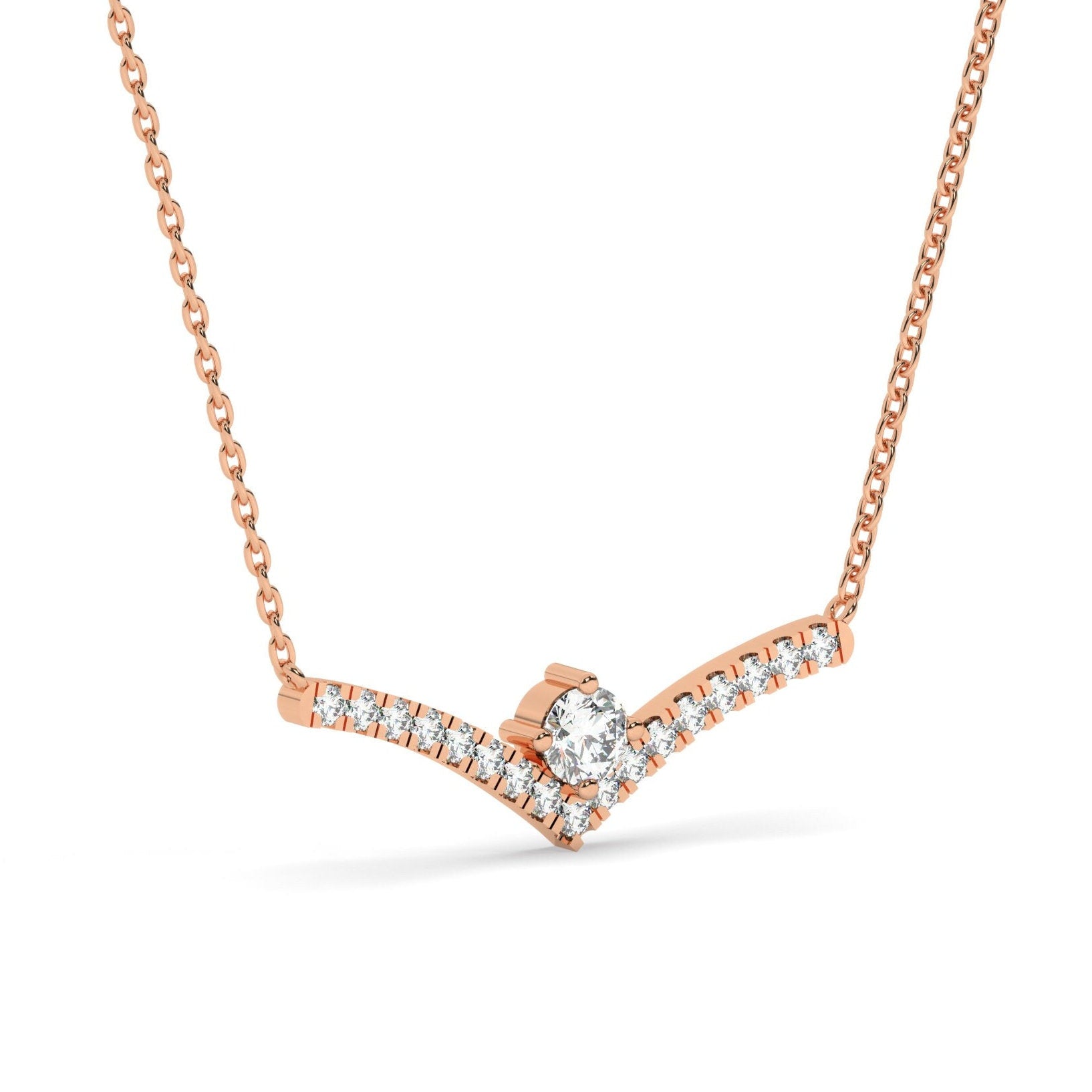 Solitaire Diamond Chevron Necklace / 14k Curved Bar Necklace / Diamond Statement Necklace / Gift for her / Dainty Diamond Necklace