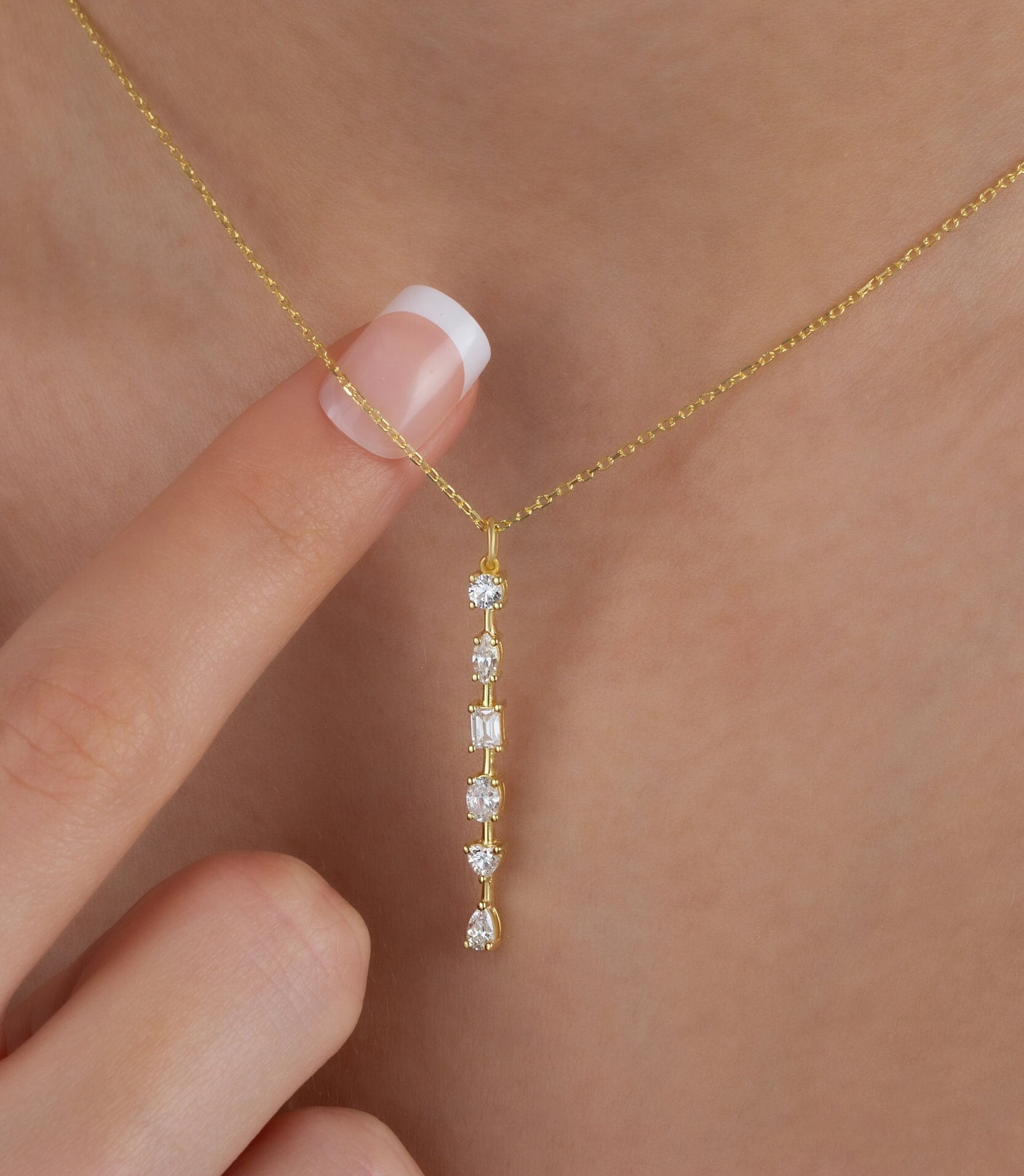 Fancy Cut Diamond Bar Necklace / 14k Gold and Diamond Bar Necklace / Diamond Statement Necklace / Gift for her / Dainty Diamond Necklace