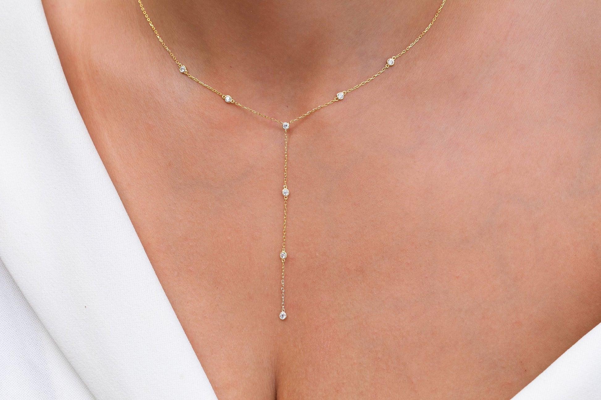 Diamond Lariat Necklace / 14k Gold and Diamond Lariat Necklace / Dainty Lariat Necklace / Diamond Statement Necklace / Bridal Gift /