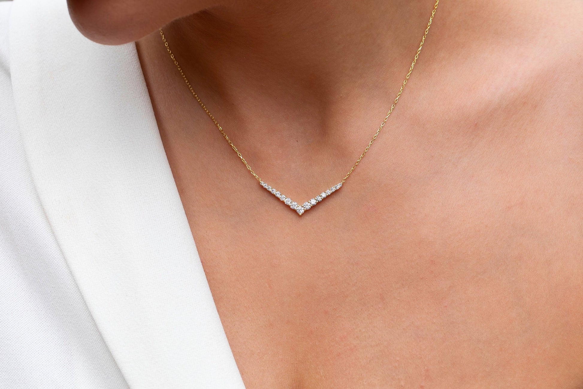 1 CT Diamond Chevron Necklace / 14k Gold Diamond V Necklace / Diamond Statement Necklace / Diamond Holiday Gift