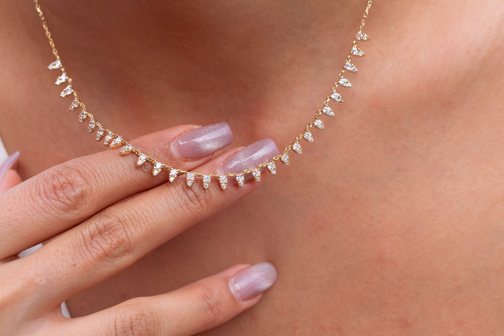 Diamond Segment Necklace / 14k Gold and Diamond Spike Choker Necklace / Statement Necklace / Minimalistic Station Necklace