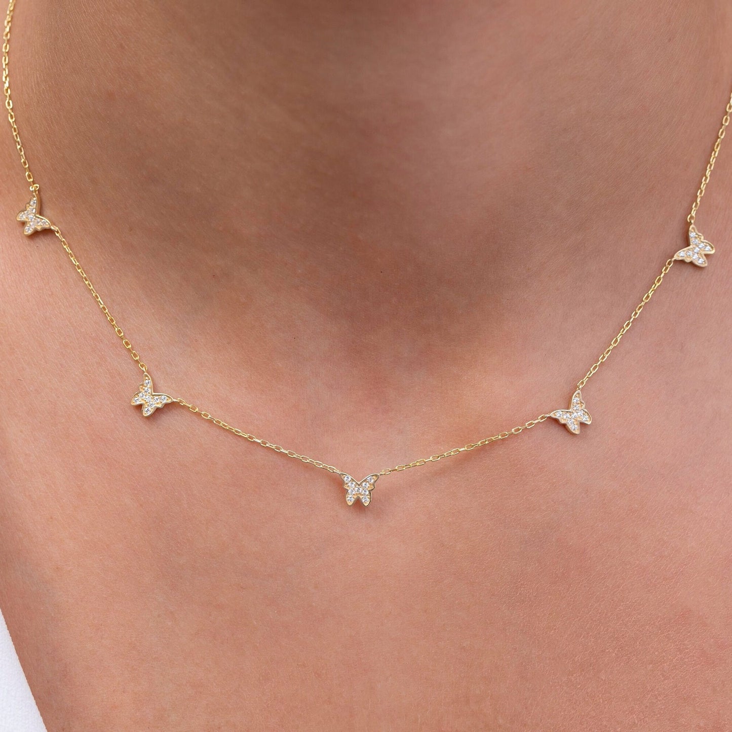 Diamond Butterfly Station Necklace / 14k Gold Butterfly Station Necklace / Dainty Charm Necklace / Minimalistic Station Necklace