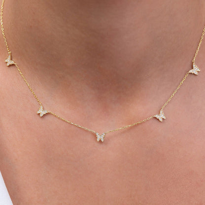 Diamond Butterfly Station Necklace / 14k Gold Butterfly Station Necklace / Dainty Charm Necklace / Minimalistic Station Necklace