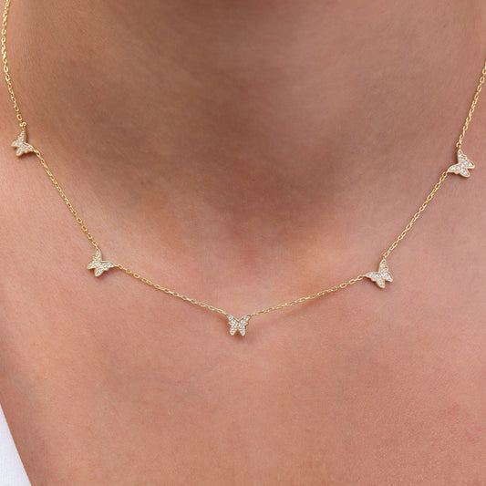 Diamond Butterfly Station Necklace / 14k Gold Butterfly Station Necklace / Dainty Charm Necklace / Minimalistic Station Necklace