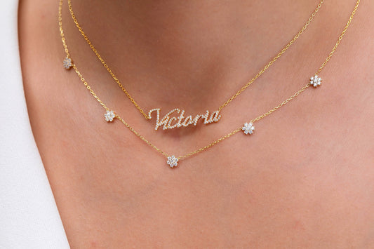 Diamond Flower Station Necklace / 14k Gold Flower Station Necklace / Dainty Charm Necklace / Minimalistic Station Necklace