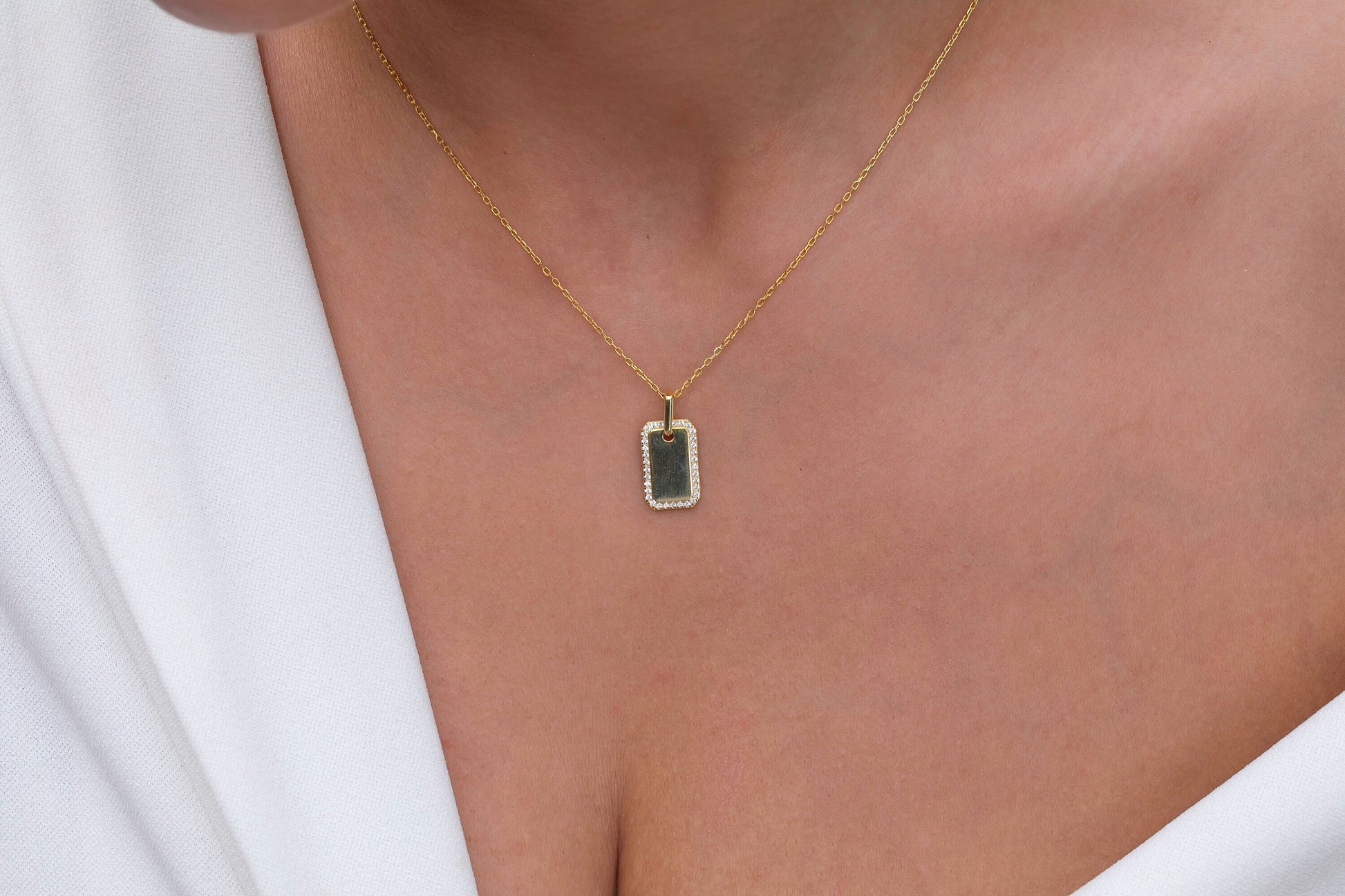 Diamond Initial Dog Tag Necklace / 14k Gold Diamond Dog Tag Necklace / Diamond Initial Necklace / Diamond Birthday Gift Idea