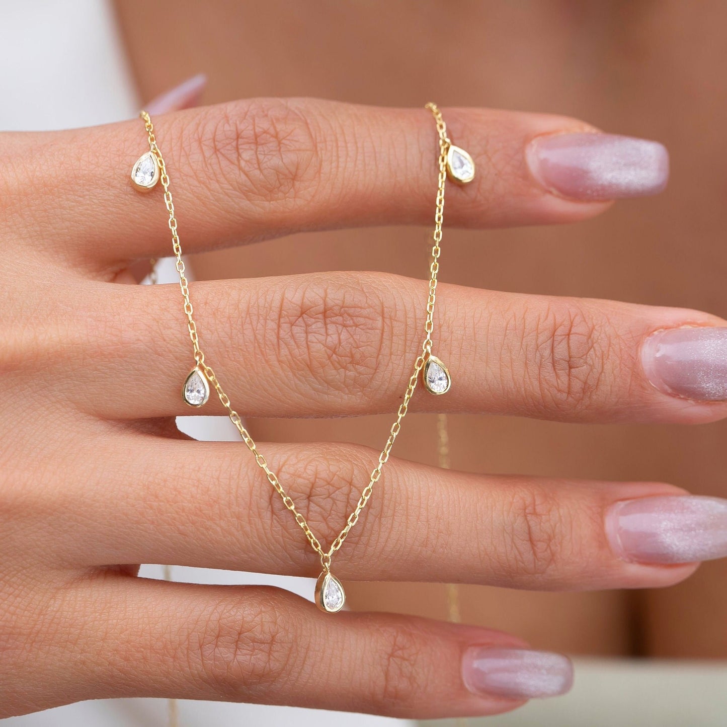 Diamond Tear Drop Station Necklace / 14k Gold Pear Shape Diamond Station Necklace / Dainty Charm Necklace / Minimalistic Station Necklace