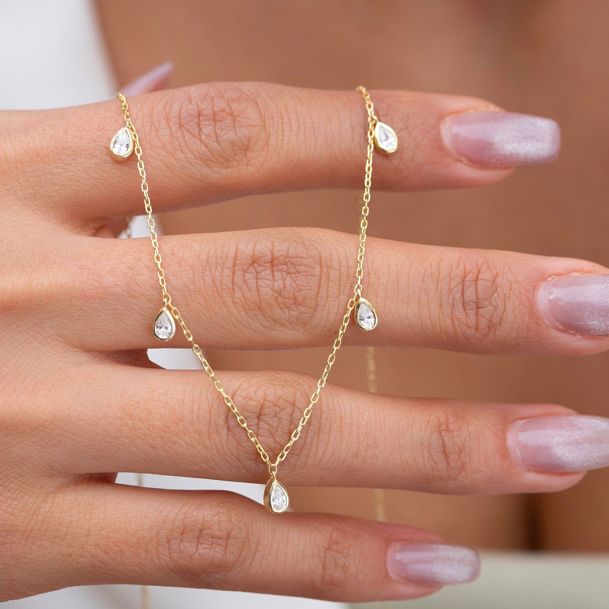 Diamond Tear Drop Station Necklace / 14k Gold Pear Shape Diamond Station Necklace / Dainty Charm Necklace / Minimalistic Station Necklace